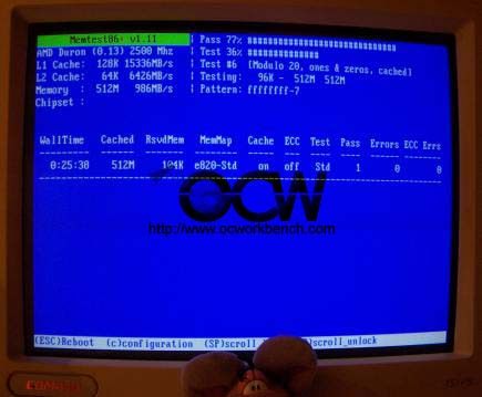 The Duron at 2.5GHz is tested with Memtest86 for stability.