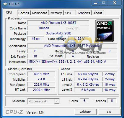 Phenom II X6 1035T CPU-Z screenshot and Cinebench10 results; outperforms same clock speed Phenom II X3 710 by 1.46x