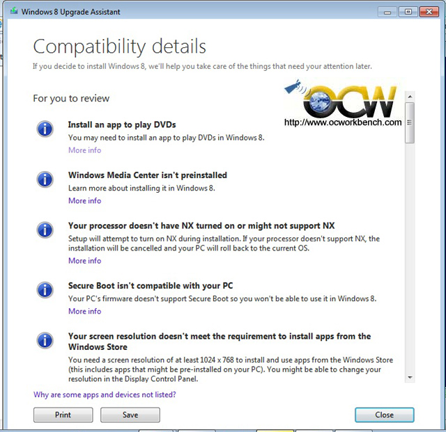 Windows 8 Upgrade Assistant flags compatibility issues from Win 7 to Win 8 upgrade; Windows media centre is gone and no more support for Office 2003