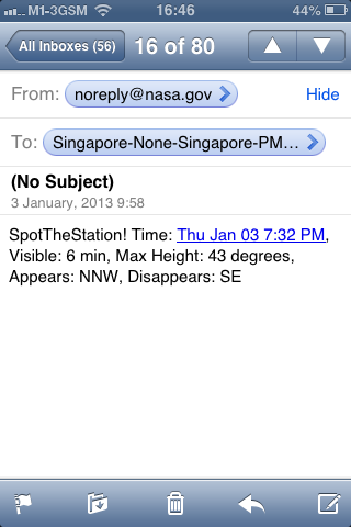 International Space Station flyby Singapore tonight at 1932hrs 3rd Jan 2013